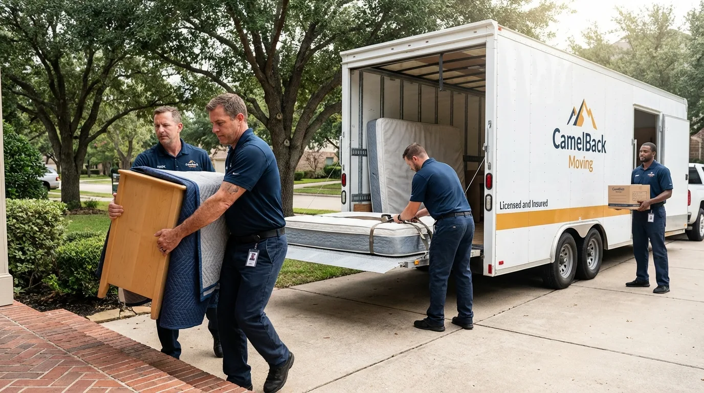 Crew loading residential truck for cross-state move from North Liberty, IN