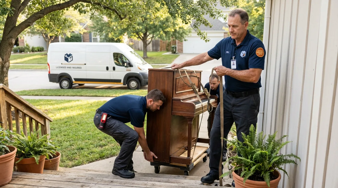 Licensed piano movers securing grand piano in North Liberty, IN