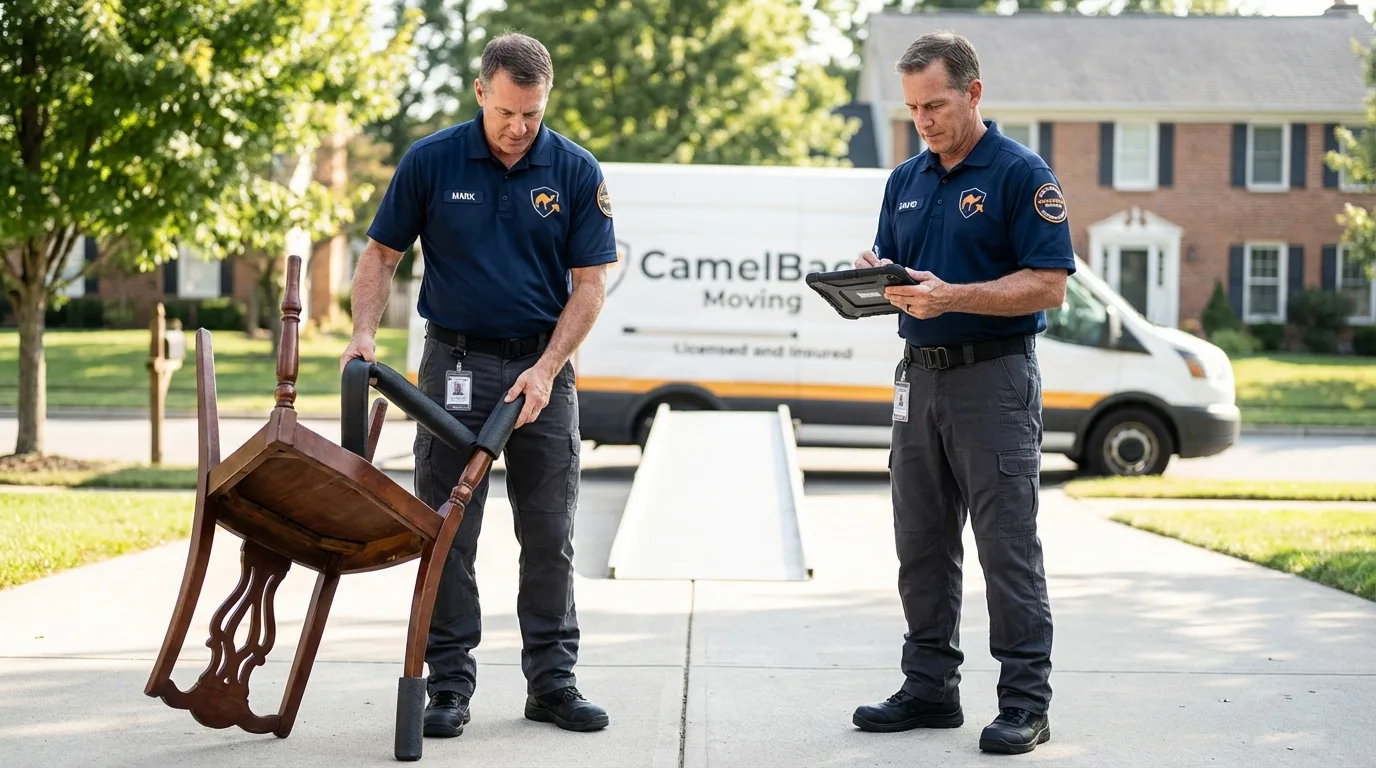 Movers inspecting furniture for damage prevention before loading in North Liberty, IN