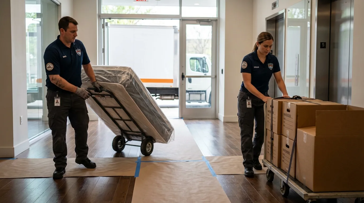 Professional apartment movers loading elevator in North Liberty, IN