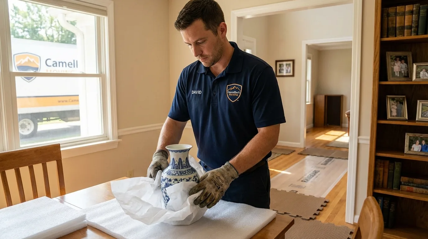 Professional crew carefully wrapping antique vase for senior downsizing move in North Liberty, IN