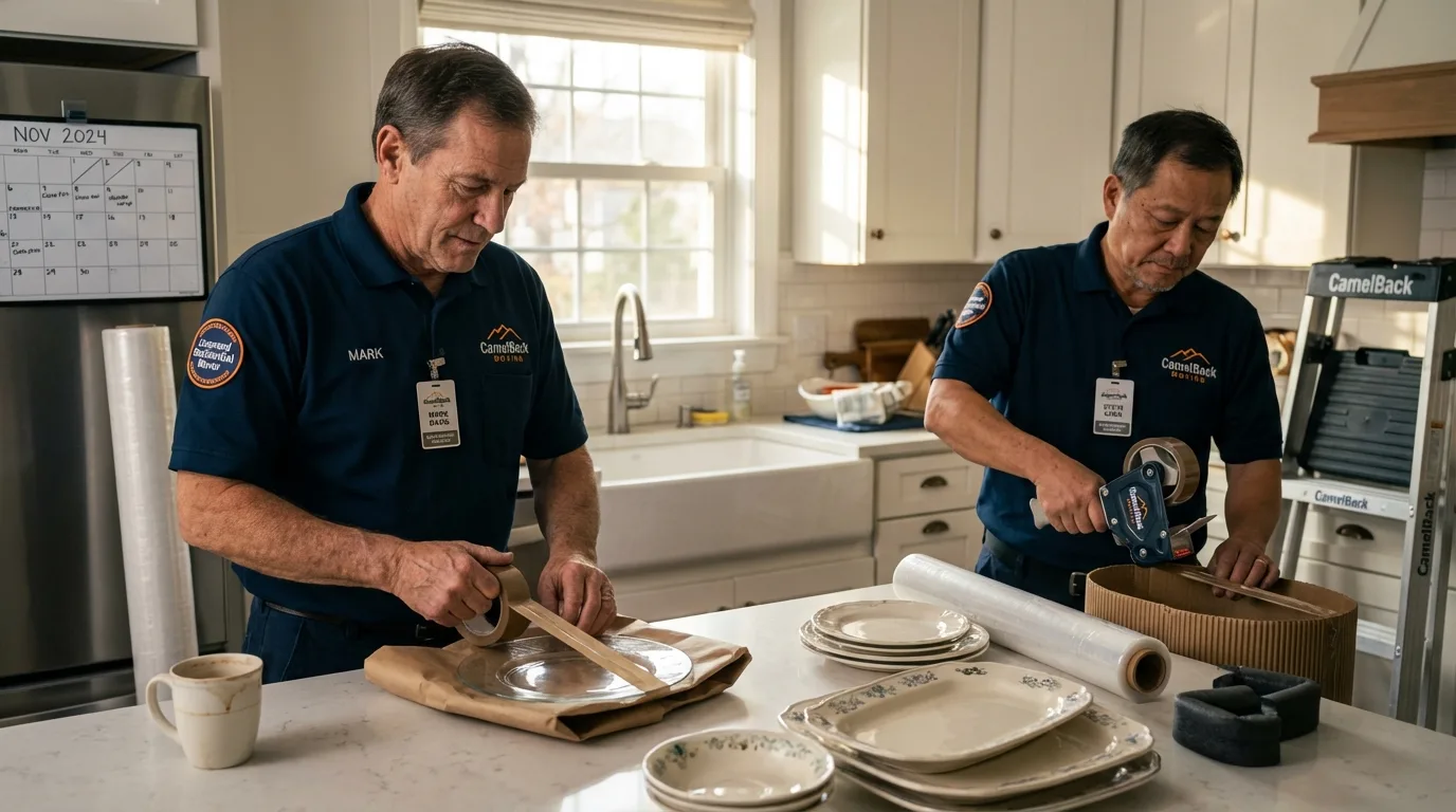 Professional crew packing kitchen dishware in North Liberty, IN